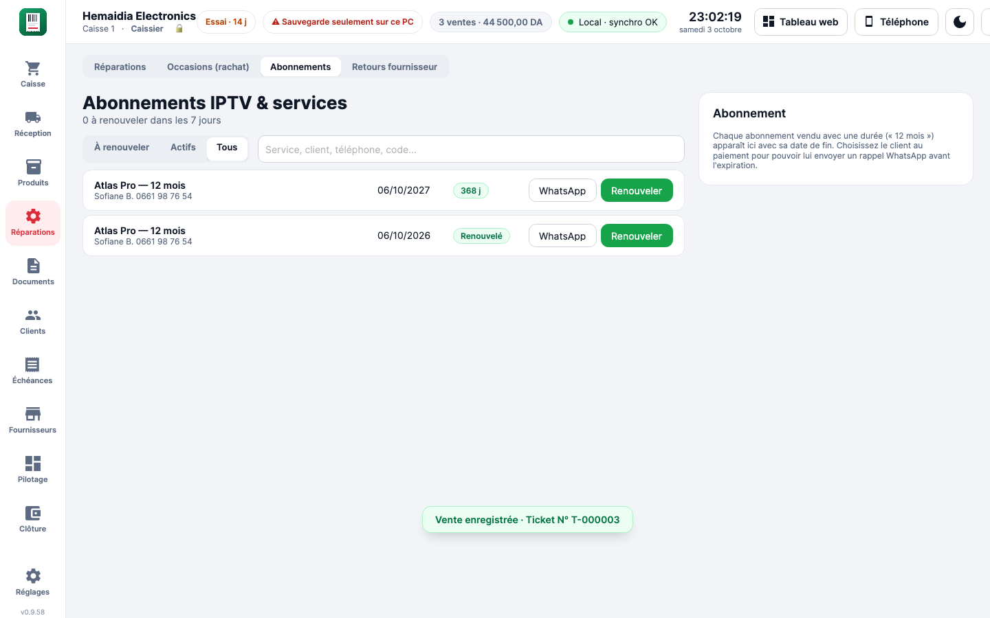 Gestion des abonnements IPTV et de leurs échéances
